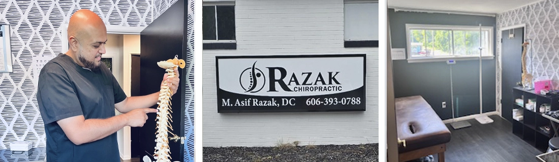 Collage featuring Dr. Muhummad Asif Razak, a sign of the Razak Chiropractic clinic, and a therapy room.